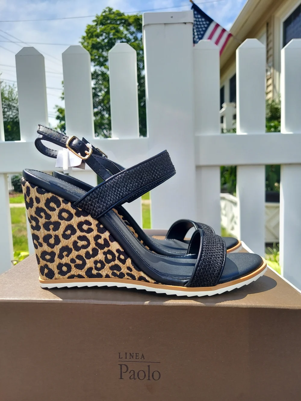 Linea Paolo Black Leopard Print Wedge Sandals Women Size 8.5 NWT Preppy Coquette